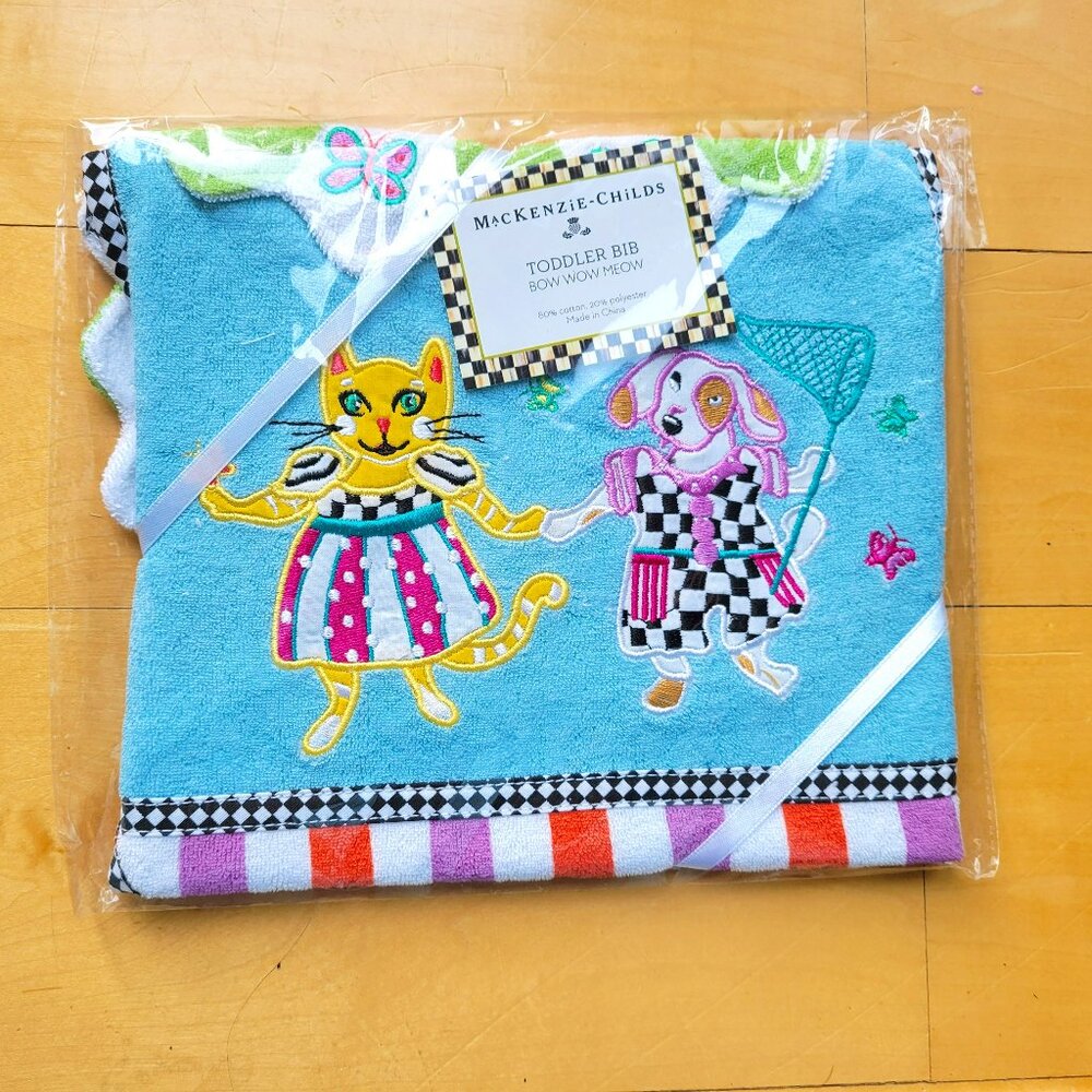 MacKenzie-Childs Toddler Bib - Bow Wow Meow, New in Original Package